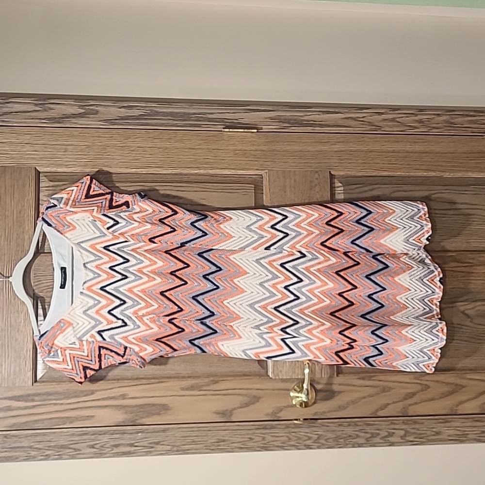 Sharagano Zigzag Patterned Midi Dress - Orange, Blue, White